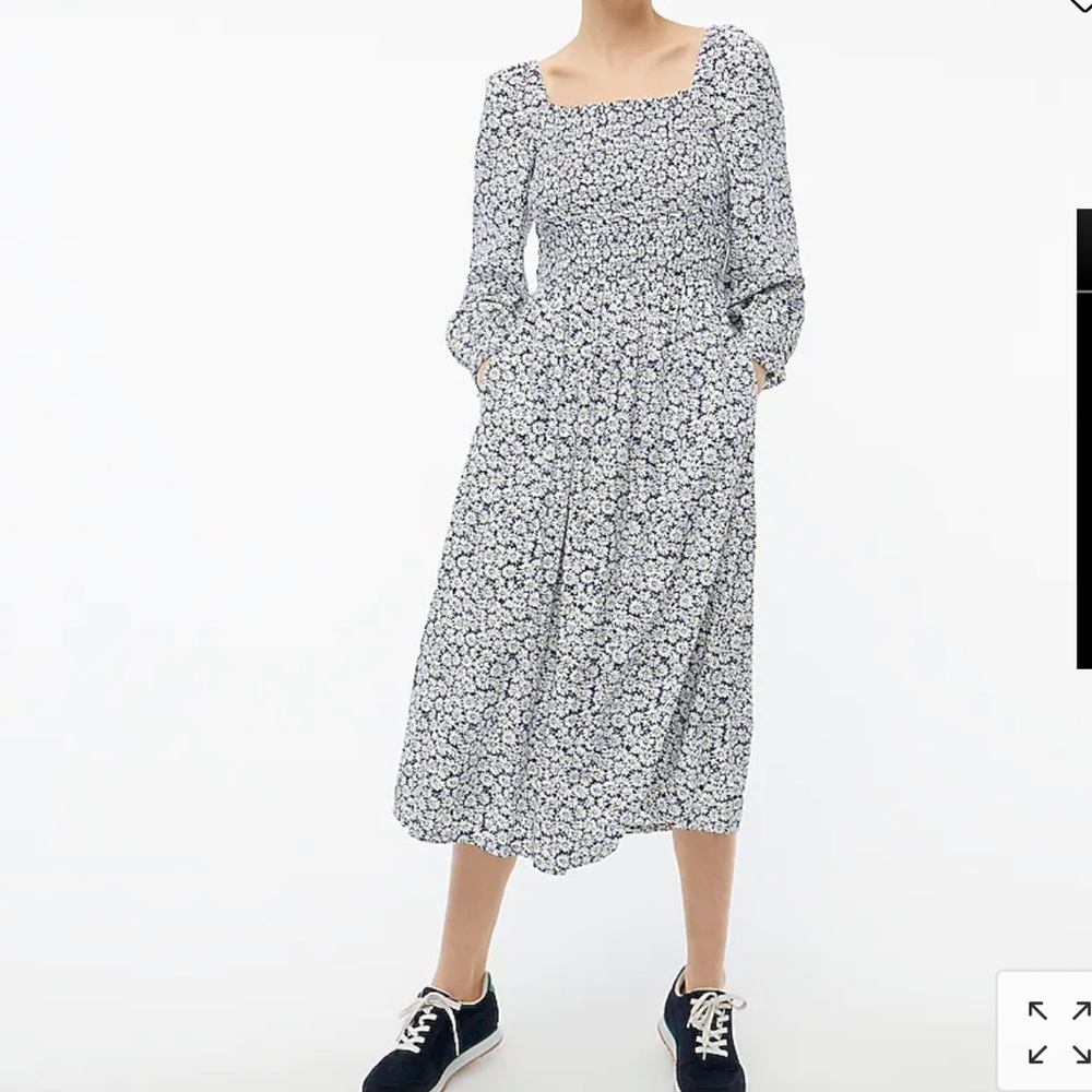 Floral smocked midi dress long sleeves square neck line navy blue